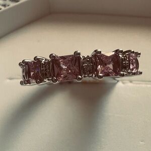 Pink Square-Cut Crystal Women's Ring - Elegant Silver Tone
